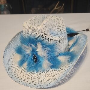 Vintage Men's Mexican Cowboy Hat Blue And White with Feathered Band